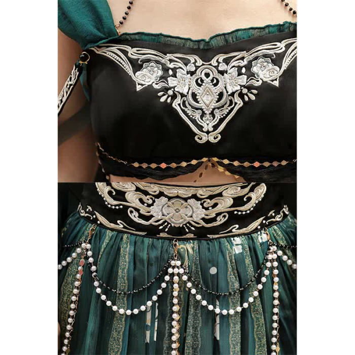 Fascinating Embroidery Top Pearl Chain Decor High Waist
