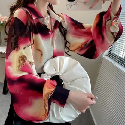 Fashion Colorblock Tie-dye Print Puff Sleeve Shirt