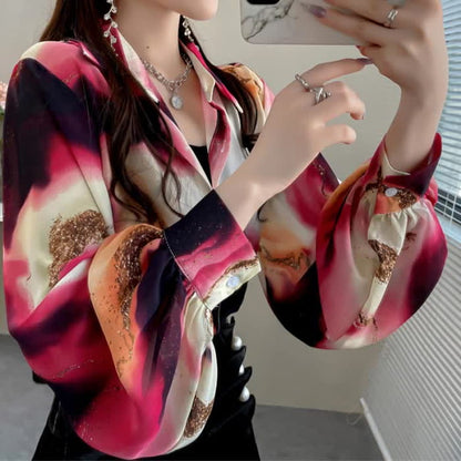 Fashion Colorblock Tie-dye Print Puff Sleeve Shirt