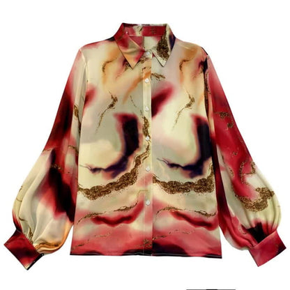 Fashion Colorblock Tie-dye Print Puff Sleeve Shirt - Rose