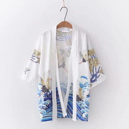 Fashion Crane Blossom Print Cardigan Outerwear - White