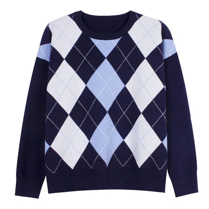 Fashion Knit Argyle Jumper - Free Size / Blue - Sweaters