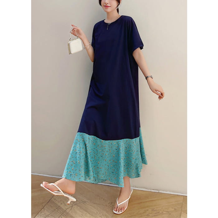 Fashion Navy Print Patchwork Fake Two Pieces Maxi Dresses