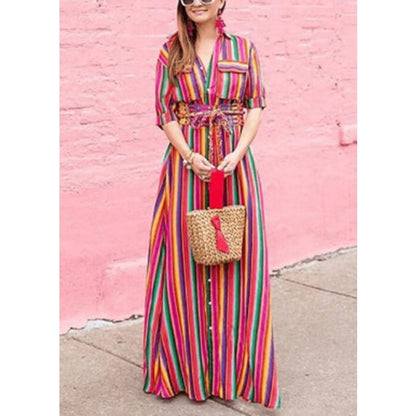 Fashion Rainbow Striped Button Tie Waist Maxi Shirts