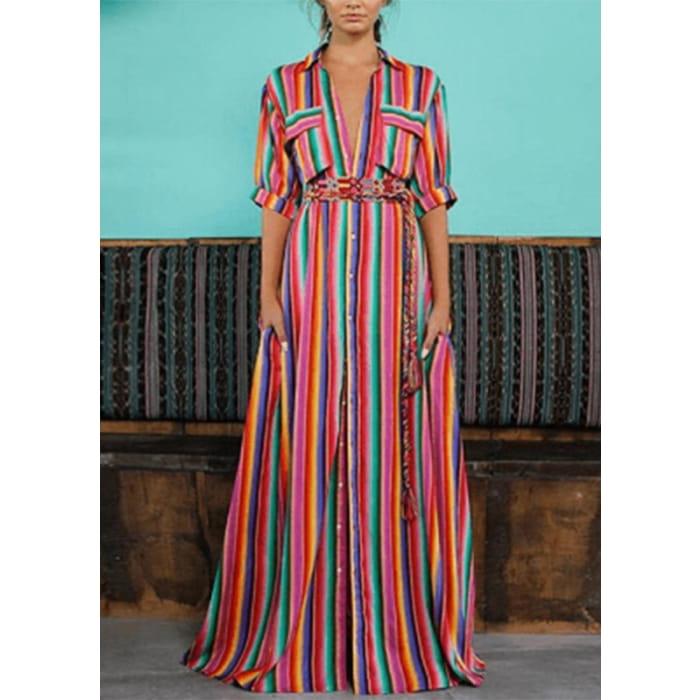 Fashion Rainbow Striped Button Tie Waist Maxi Shirts