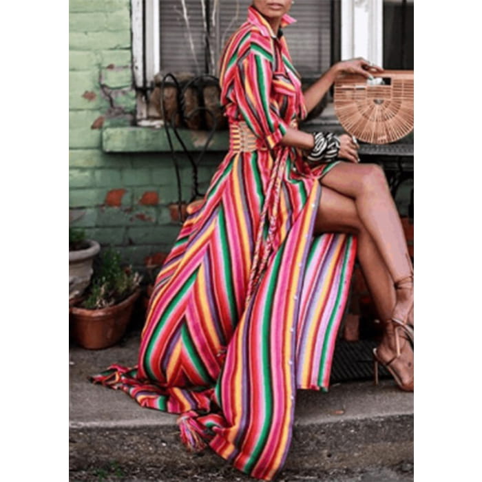 Fashion Rainbow Striped Button Tie Waist Maxi Shirts