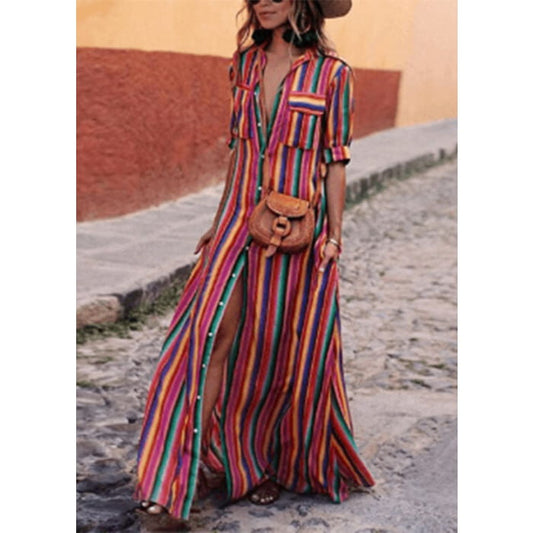 Fashion Rainbow Striped Button Tie Waist Maxi Shirts