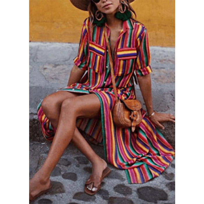 Fashion Rainbow Striped Button Tie Waist Maxi Shirts