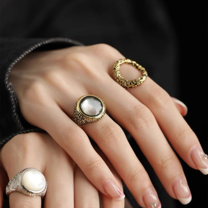 Faux Gemstone Bead Alloy Open Ring - J4745 - Silver