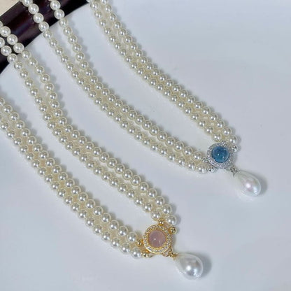 Faux Gemstone Pendant Layered Pearl Necklace