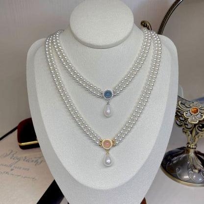 Faux Gemstone Pendant Layered Pearl Necklace