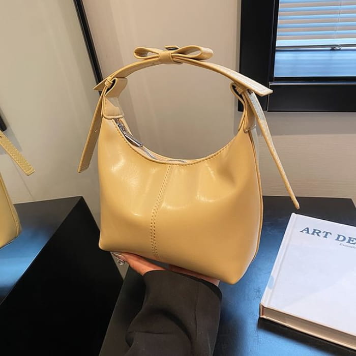 Faux Leather Bow Shoulder Bag - Light Yellow / One Size