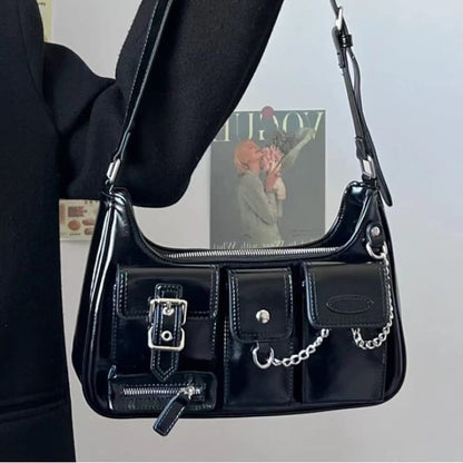 Faux Leather Buckled Chained Shoulder Bag