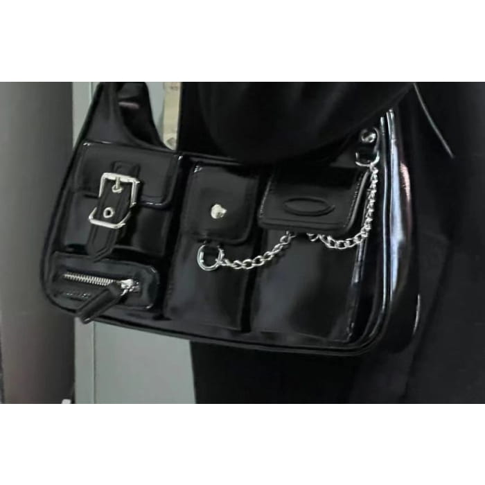 Faux Leather Buckled Chained Shoulder Bag