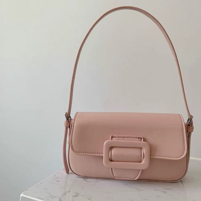 Faux Leather Buckled Flap Shoulder Bag - Pink / One Size