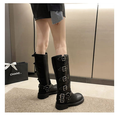 Faux Leather Buckled Tall Boots