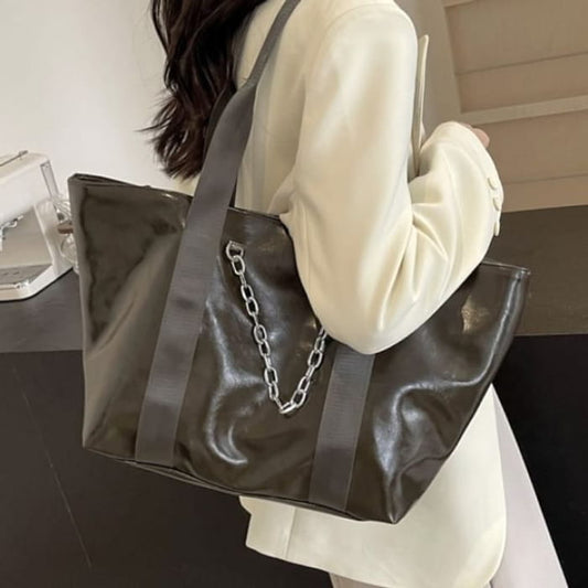 Faux Leather Chained Tote Bag