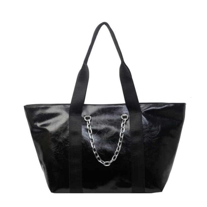 Faux Leather Chained Tote Bag - Black / One Size