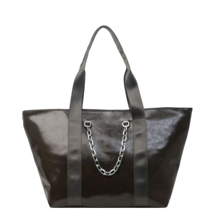 Faux Leather Chained Tote Bag - Green / One Size