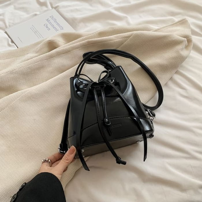 Faux Leather Drawstring Bucket Bag - Black / One Size