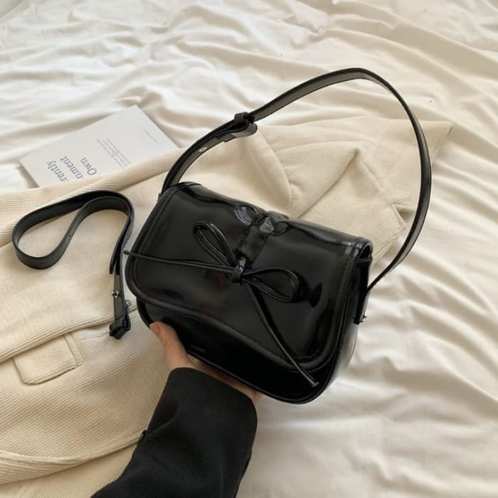 Faux Leather Drawstring Flap Shoulder Bag - Black / One Size