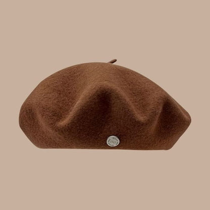 Faux Leather Newsboy Cap / Beret - 01 - Brown / One Size