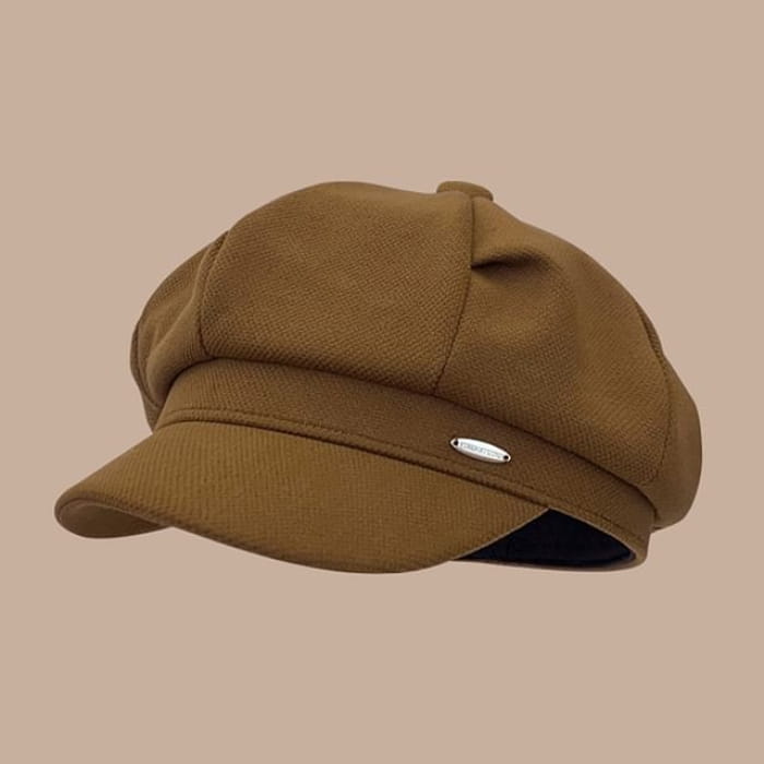 Faux Leather Newsboy Cap / Beret - 05 - Khaki / One Size