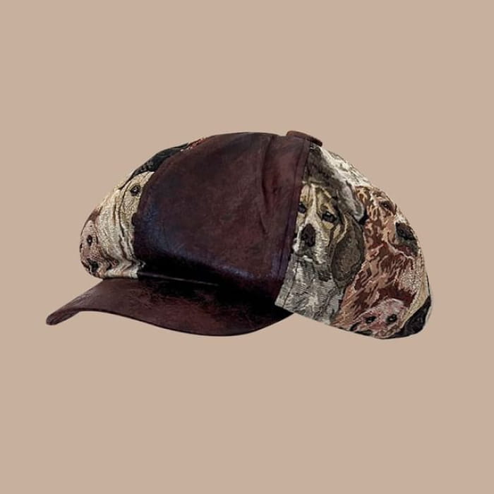 Faux Leather Newsboy Cap / Beret - 06 - Brown / One Size