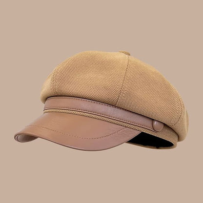 Faux Leather Newsboy Cap / Beret - 07 - Khaki / One Size