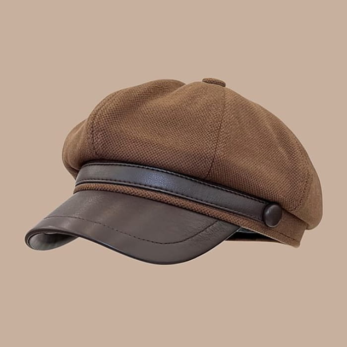 Faux Leather Newsboy Cap / Beret - 08 - Dark Khaki