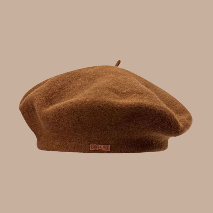 Faux Leather Newsboy Cap / Beret - 10 - Brown / One Size