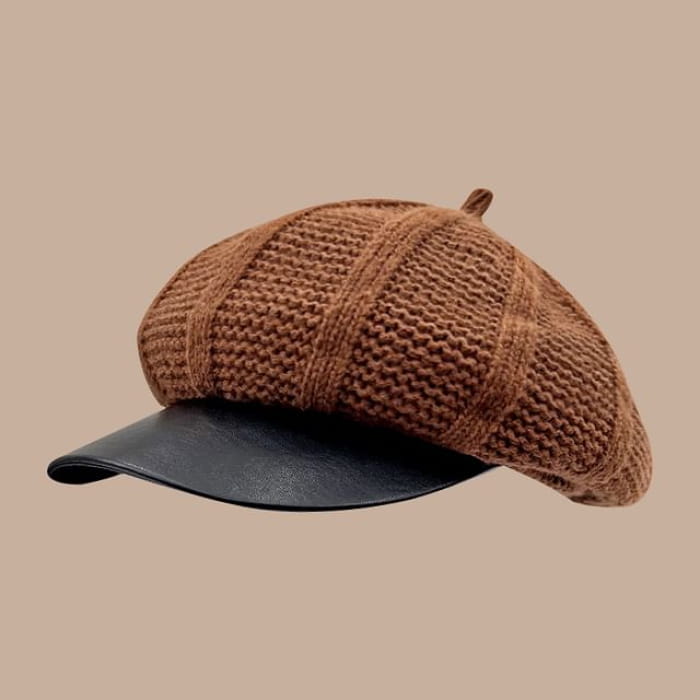 Faux Leather Newsboy Cap / Beret - 11 - Brown / One Size