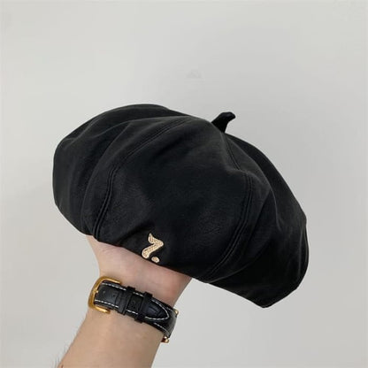 Faux Leather Numbering Beret - Black / One Size