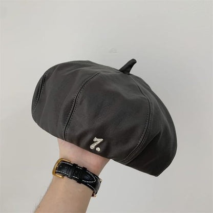 Faux Leather Numbering Beret - Gray / One Size