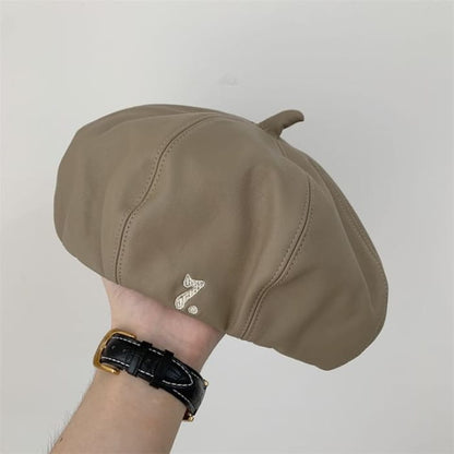 Faux Leather Numbering Beret - Khaki / One Size