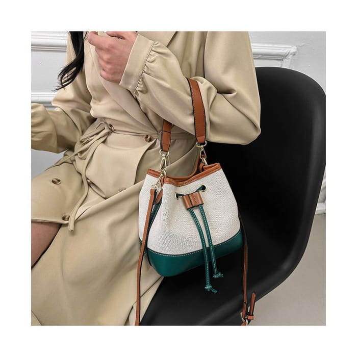 Faux Leather Panel Drawstring Bucket Bag