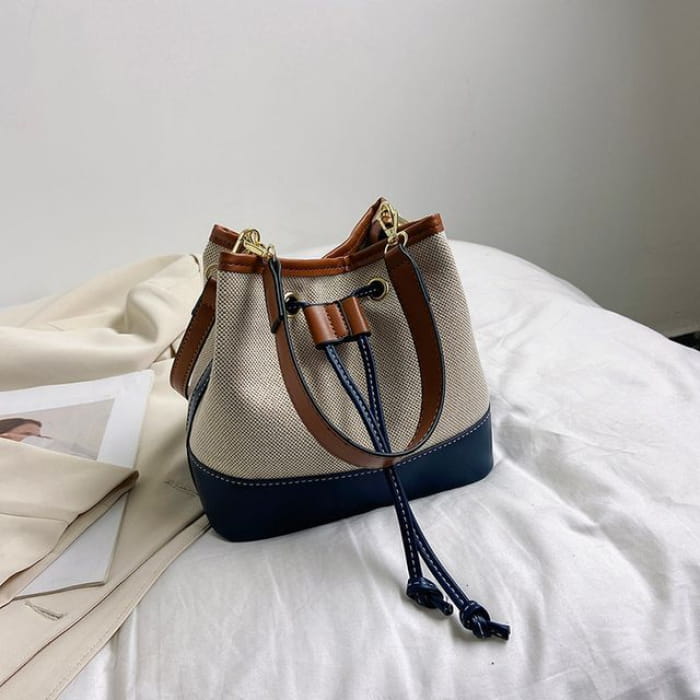 Faux Leather Panel Drawstring Bucket Bag - Blue / One Size