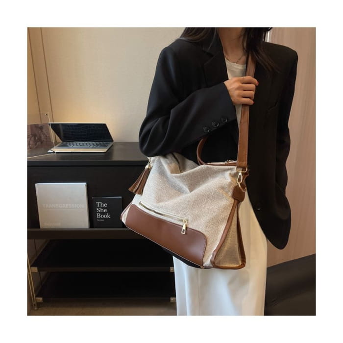 Faux Leather Panel Shoulder Bag