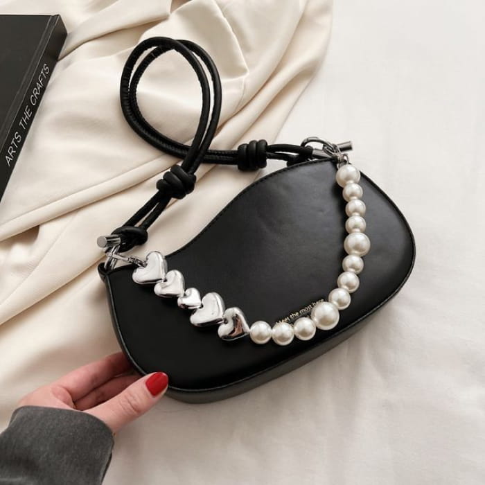 Faux Leather Pearl Strap Shoulder Bag - Black / One Size