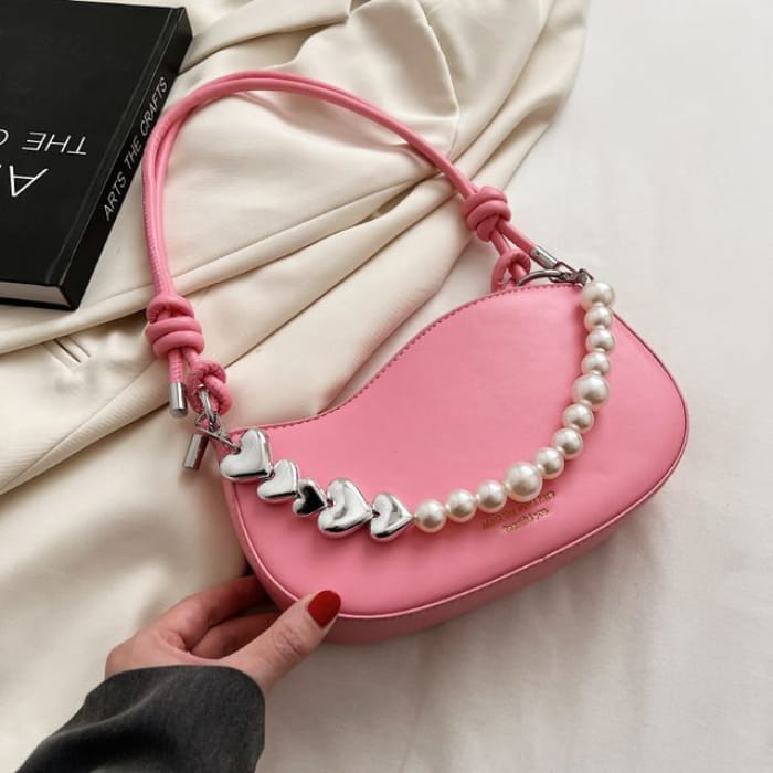 Faux Leather Pearl Strap Shoulder Bag - Pink / One Size