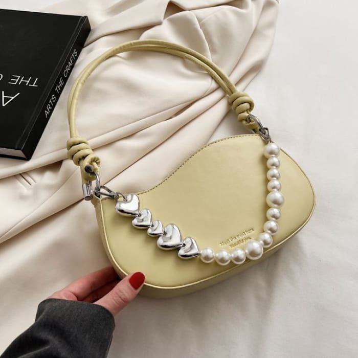 Faux Leather Pearl Strap Shoulder Bag - Yellow / One Size