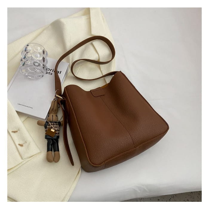 Faux Leather Plain Bucket Bag