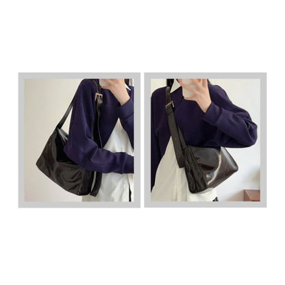 Faux Leather Plain Flap Shoulder Bag - Dark Coffee