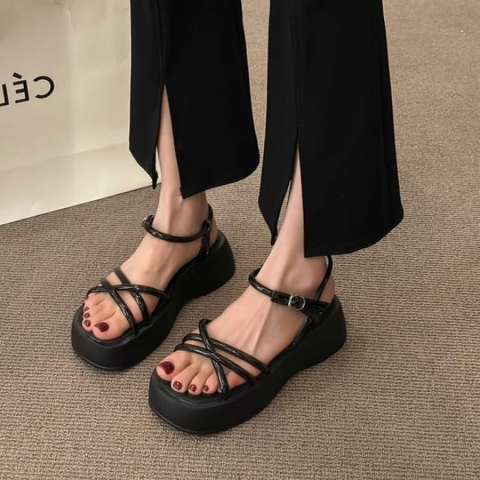 Faux Leather Platform Sandals - Black / 35