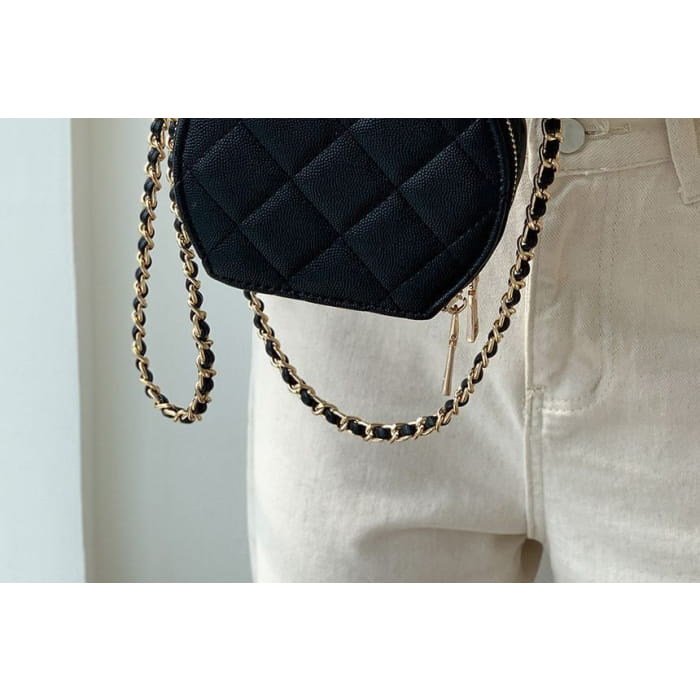 Faux Leather Quilted Round Crossbody Bag