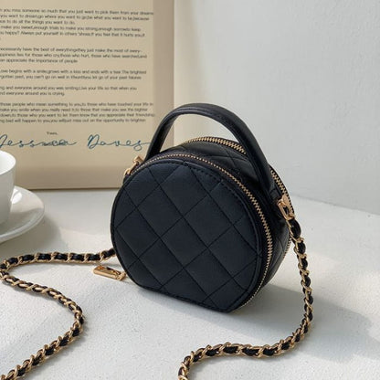 Faux Leather Quilted Round Crossbody Bag