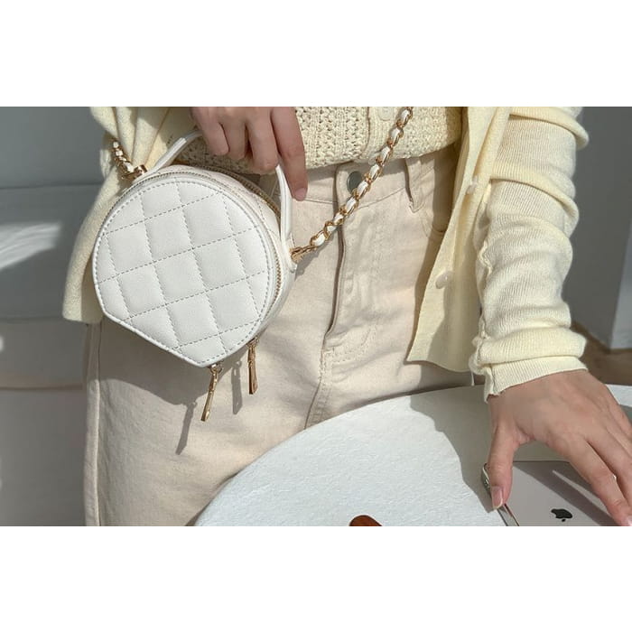 Faux Leather Quilted Round Crossbody Bag