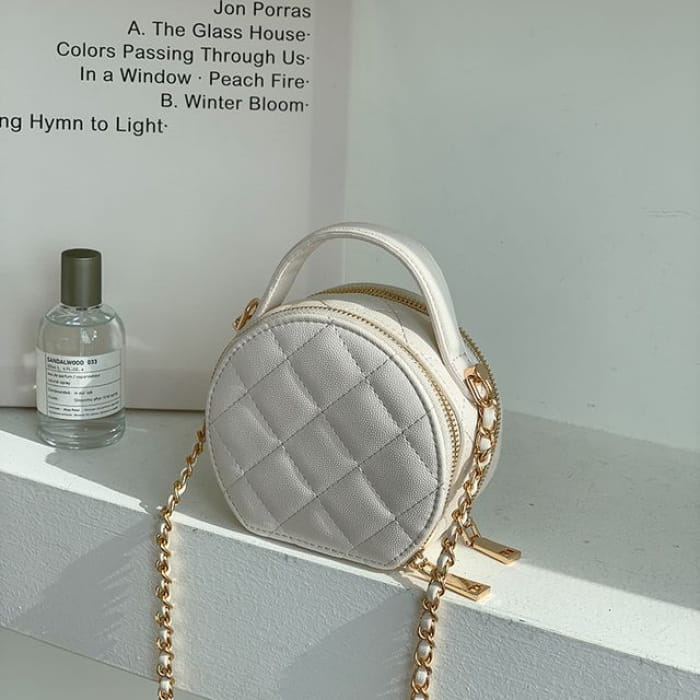 Faux Leather Quilted Round Crossbody Bag - White / One Size