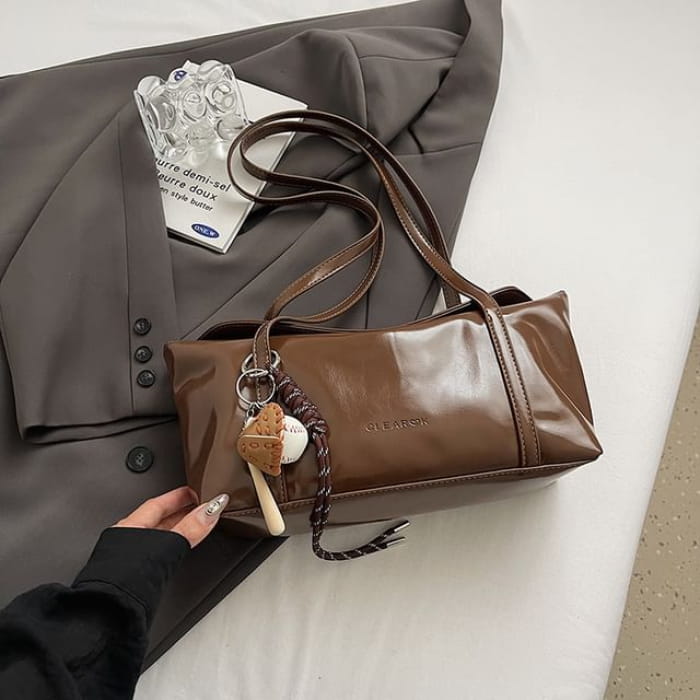 Faux Leather Shoulder Bag / Charm / Set - With - Coffee