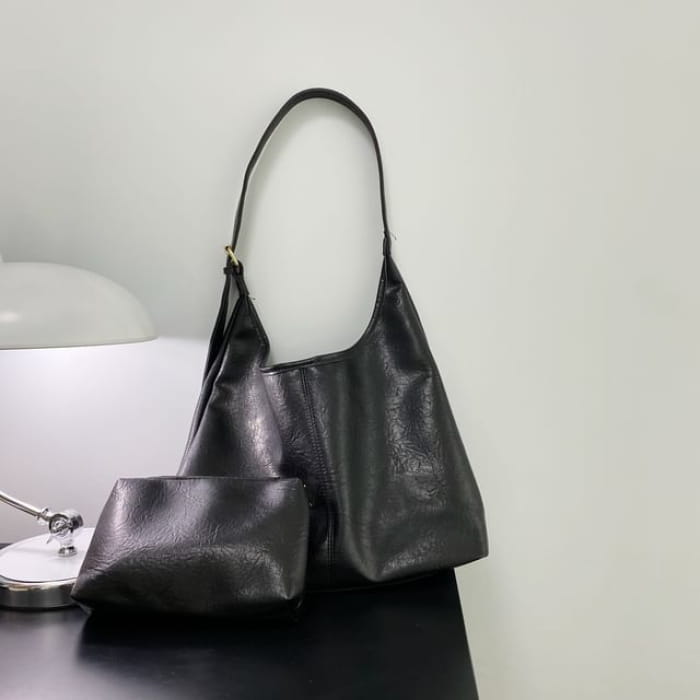 Faux Leather Tote Bag / Pouch / Set - Black / One Size